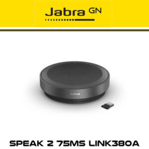 A Jabra Speak 2 75MS portable speaker with Link 380A USB adapter on a white surface against a yellow background.