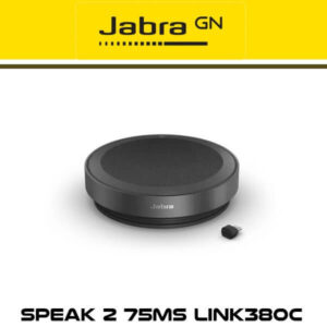 Jabra GN Speak 2 75MS wireless speakerphone on a white background with LINK380C USB adapter and yellow branding at the top.