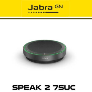 A Jabra GN Speak 2 75UC portable conference speaker with a green led light ring on a yellow background.