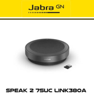 A Jabra Speak 2 75UC portable speaker with Link 380A USB adapter on a white background with a yellow Jabra GN logo above.