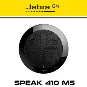 A Jabra Speak 410 MS portable speakerphone on a yellow background