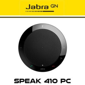 A Jabra GN Speak 410 portable speakerphone for PC displayed on a yellow background.