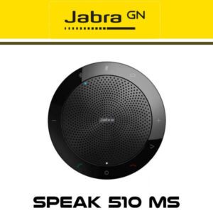 A Jabra Speak 510 MS portable conference speaker with buttons and logo on a yellow background.