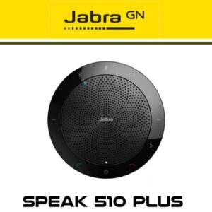 A black round Jabra Speak 510 Plus portable speaker with buttons on a yellow and white background.