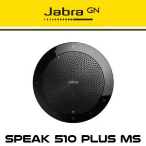 A Jabra GN Speak 510 Plus MS portable conference speaker with buttons and branding on a yellow background.