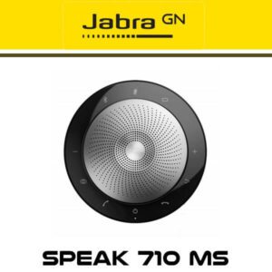 Jabra GN portable speaker on a yellow background with the model name Speak 710 MS displayed below.