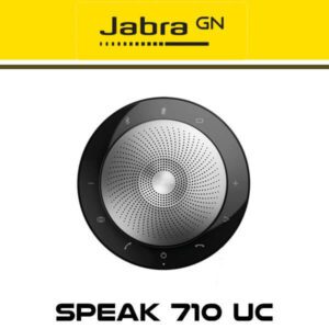 A Jabra Speak 710 UC portable round speaker displayed against a yellow and white background.