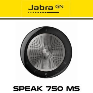 Top view of a Jabra GN Speak 750 MS portable conference speaker on yellow background.