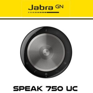 A Jabra Speak 750 UC speakerphone on a yellow and white background with the company logo and product name displayed above and below it.