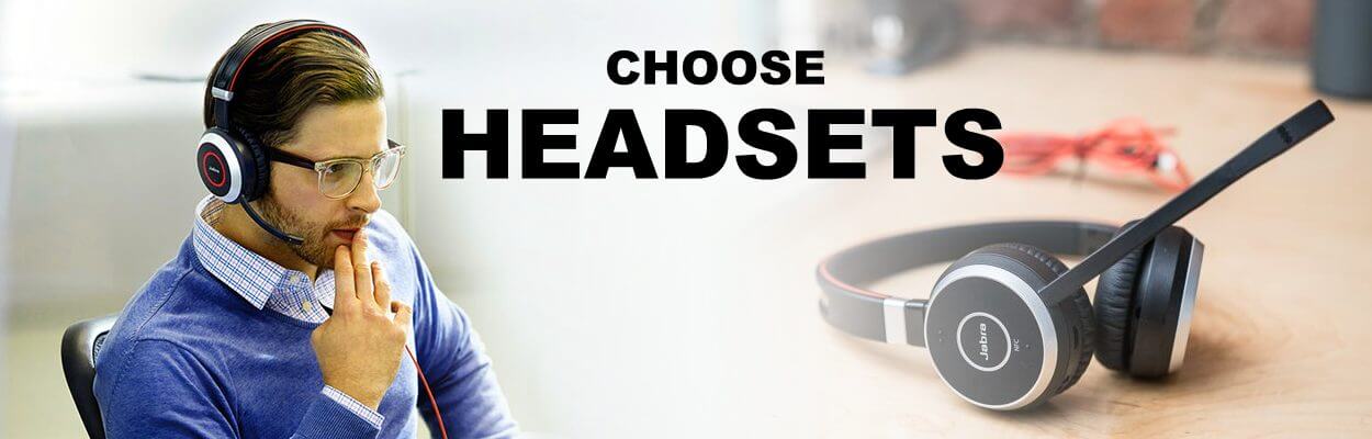 A man wearing a headset on the left and two different styles of headsets on the right with the text 'CHOOSE HEADSETS' above.