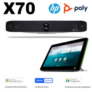 Top view of a Poly X70 soundbar with integrated camera and HP tablet interface showing video conferencing applications, with certification logos for Microsoft Teams, Zoom, and Google Meet below