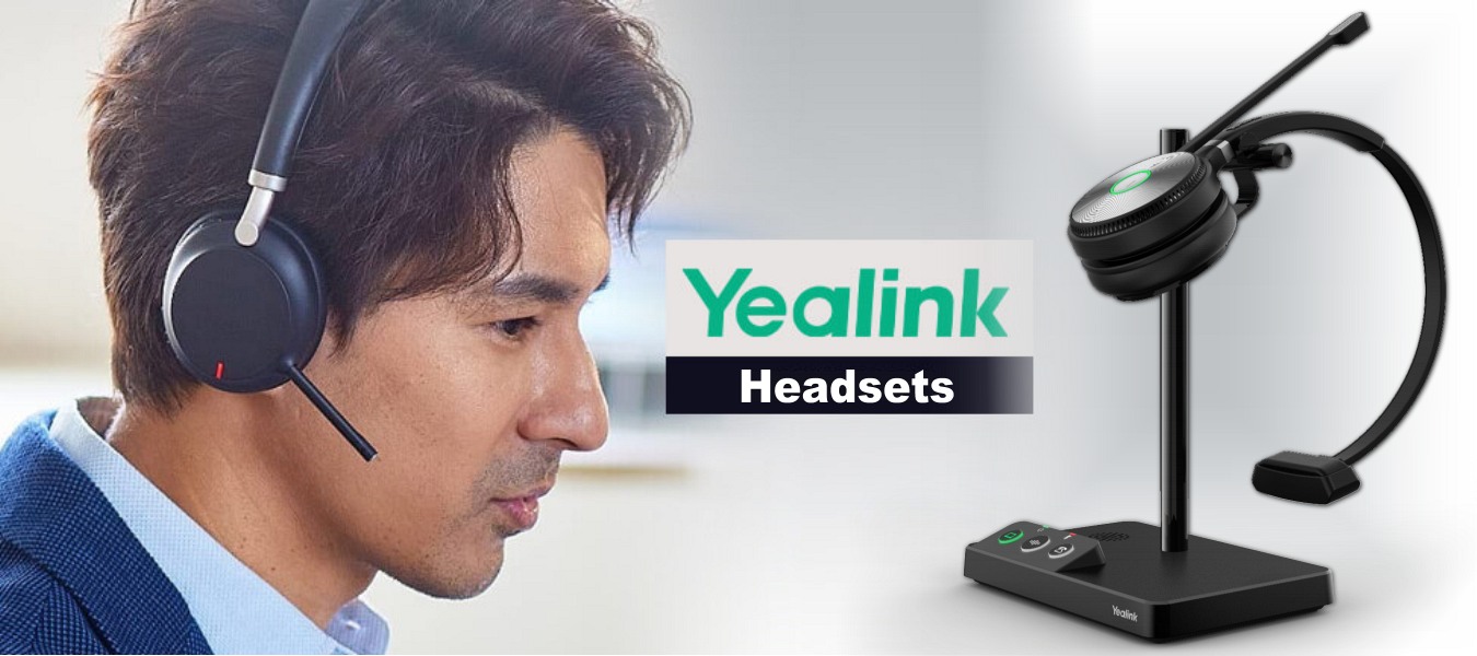 A man wearing a Yealink headset and a close-up of a Yealink headset on a stand.