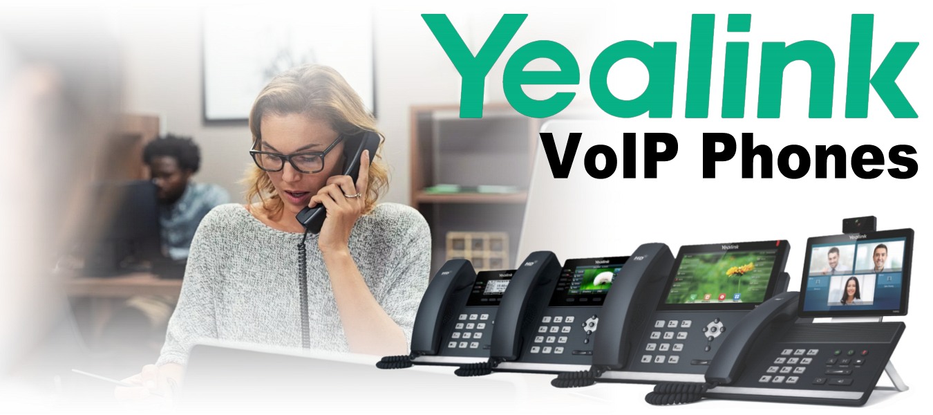 A woman in an office environment using a VoIP phone, with a display of various Yealink VoIP phone models to the right.