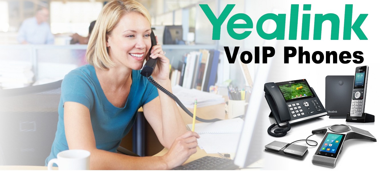 A smiling woman using a VoIP phone with a display of various Yealink VoIP phone models in the background.