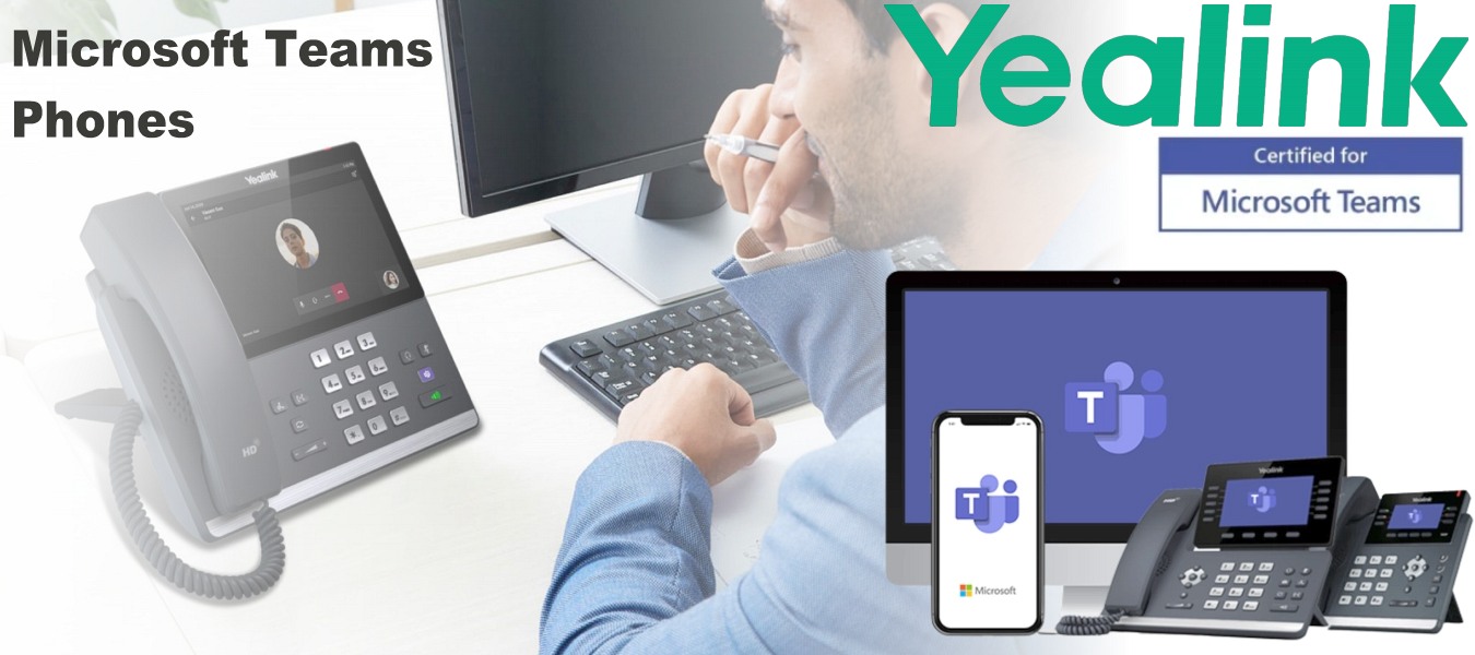 A promotional image showcasing Yealink desk phones certified for Microsoft Teams, with a man working at his desk in the background.