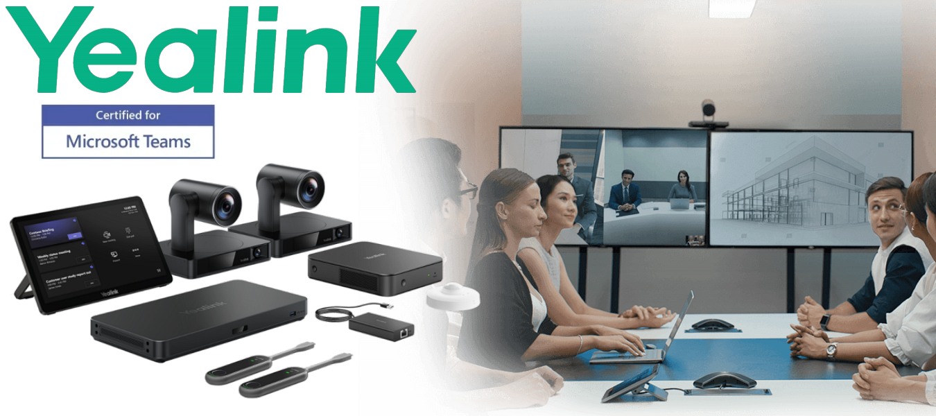 Various Yealink video conferencing devices on the left with the logo and certification badge, alongside a business meeting depicted on the right with participants engaging in a video call with remote colleagues displayed on dual screens.