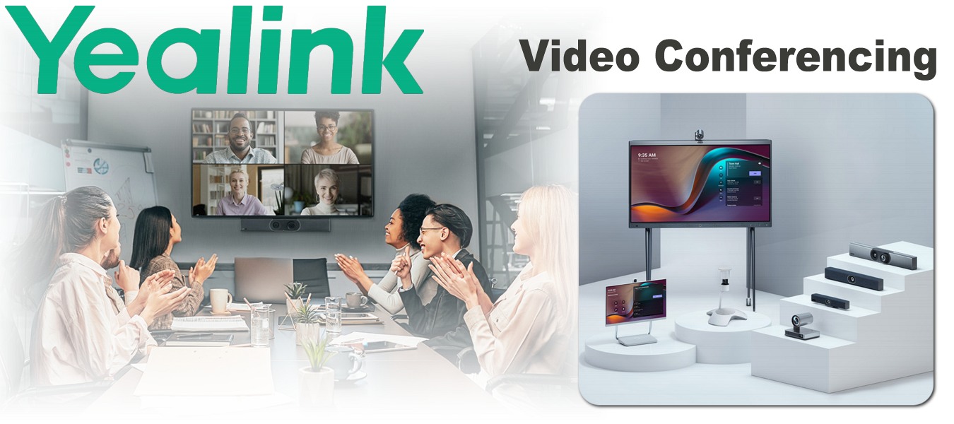 A team engaging in video conferencing using Yealink equipment, with various Yealink video conferencing products displayed on the right.