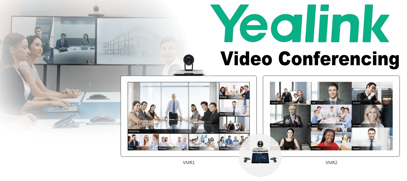 A promotional image showcasing Yealink video conferencing technology, featuring two montaged sections with groups of professionals engaging in video calls on multiple screens, and the Yealink logo prominently displayed at the top center.