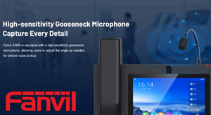 Promotional image for Fanvil A308 featuring the high-sensitivity gooseneck microphone and desk phone with a focus on detailed voice pickup.