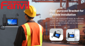 An image featuring an ad for the Fanvil A30i with a dual-purpose bracket for flexible installation, showing a construction worker looking at the device mounted on a wall, with illustrations of both desktop and wall-mounted installation options.