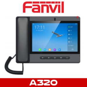 Fanvil A320 Android video phone with handset and touchscreen display on a red and white background.