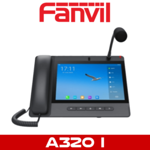 A modern desktop IP phone with a touchscreen display and a microphone, branded Fanvil.