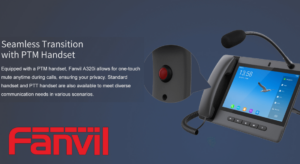 Promotional image presenting the Fanvil A320i communication device with a PTM handset, describing the one-touch mute feature and options for various communication needs.