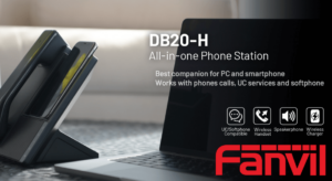 A Fanvil DB20-H all-in-one phone station displayed with its features, positioned next to a laptop on a desk.