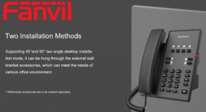 Graphic showcasing a Fanvil hotel phone with a description of 45 and 50-degree desktop installation methods, mentioning the availability of external wall bracket accessories.