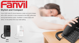 Advertisement image showing Fanvil's H4W hotel IP phones in black and white, emphasizing their compact and stylish design, with a woman resting on a bed in the background and a hand reaching for the black phone.