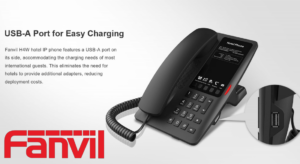 Image showcasing the Fanvil H4W hotel IP phone with a built-in USB-A port for easy charging, highlighting its suitability for international guests and cost-effectiveness for hotels.