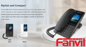 Two Fanvil H6W Wi-Fi IP phones, one black and one white, on display with a description highlighting their compact size and IPS color screen.