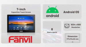 Promotional graphic for Fanvil 7-inch capacitive touch screen device with Android OS, 1024 x 600 resolution, 8 alarm inputs, and physical dimensions displayed.