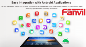 A graphic image showcasing a tablet with Android 9.0 and various app icons radiating outward, symbolizing easy integration with Android applications, with the Fanvil logo prominently displayed.