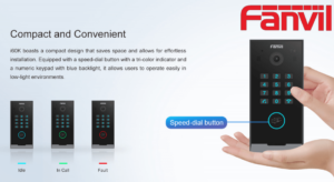 Image showing the compact and convenient features of Fanvil i60K door phone with descriptions of speed-dial button and numeric keypad lighting in various operational modes: Idle, In Call, and Fault.