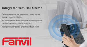 A person using a phone with Fanvil's integrated Hall Switch technology that enhances handset placement detection and durability.