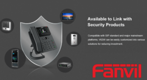 An array of Fanvil's security products including an office phone, intercoms, and network devices, showcased with compatibility information and the Fanvil logo.