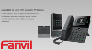 A Fanvil office phone, door intercom, and speaker displayed as part of a security product line, with branding and descriptive text.