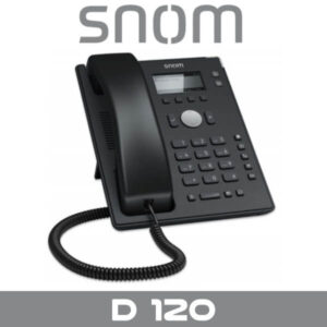 A modern Snom D120 desk phone with corded handset and labeled buttons.