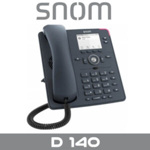 A modern Snom D140 desk phone with digital display and buttons on a white background.