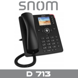 A black Snom D 713 desk phone with handset and digital display on a white background