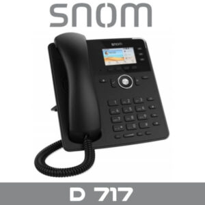 A black Snom D717 desk phone with color display and coiled handset cable.