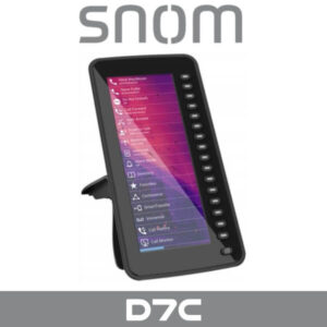 A black Snom D7C desk phone with a color touchscreen display and programmable keys