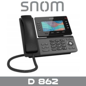 A modern Snom D 862 desk phone with a digital display and buttons on gray background.