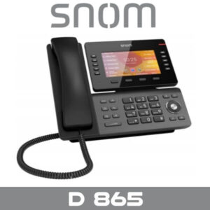 A Snom D 865 desk phone with handset and digital display on a light background.