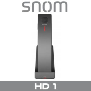 A cordless office desk phone with a charging dock, displaying the SNOM brand logo and HD 1 identifier.