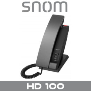 A modern Snom HD 100 office telephone with a handset on its dock against a white background.