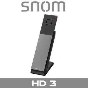 A Snom brand wireless DECT phone handset standing on a charging base.