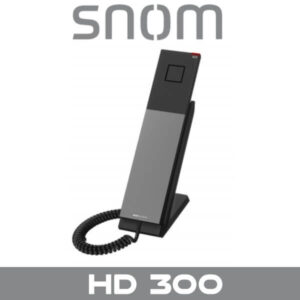 A Snom HD 300 office phone with a sleek design, displaying the brand logo and model number, standing on a desk stand with a coiled cord attached.