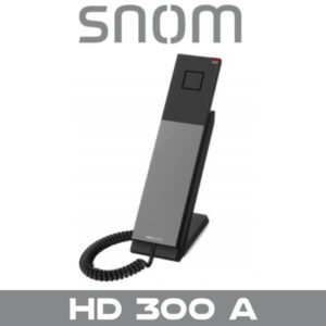 A sleek SNOM desktop telephone with a receiver on its stand displaying the label HD 300 A.